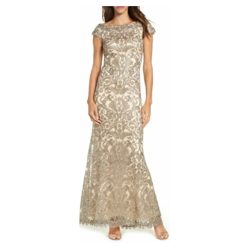 NEW Tadashi Shoji 14 Nude Gold Embroidered Gown